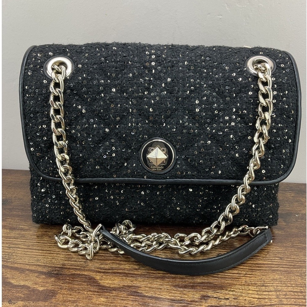 Kate Spade Natalia Medium Flap Sequin Tweed Shoulder Bag Purse